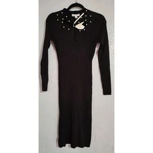 Cato Contour Fit Dress Ladies XS Black Knit Bodycon Pearls Long Sleeve Below Kne